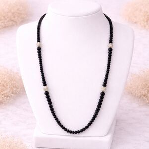 RMN Long Faceted Black Glass Bead and Rhinestone Necklace